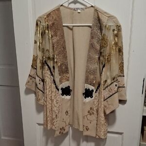 Beige Floral Open-Front Women's Tunic Kimono W Gold Accent Fabric